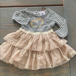 Little Lass Black & White Striped Top with Gold Heart and Blush Gold Tulle Skirt